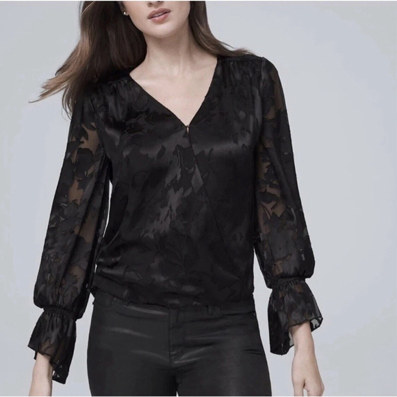 White House Black Market Tops - Women's White House Black Market Black Floral Silk Burnout Blouse Size 8